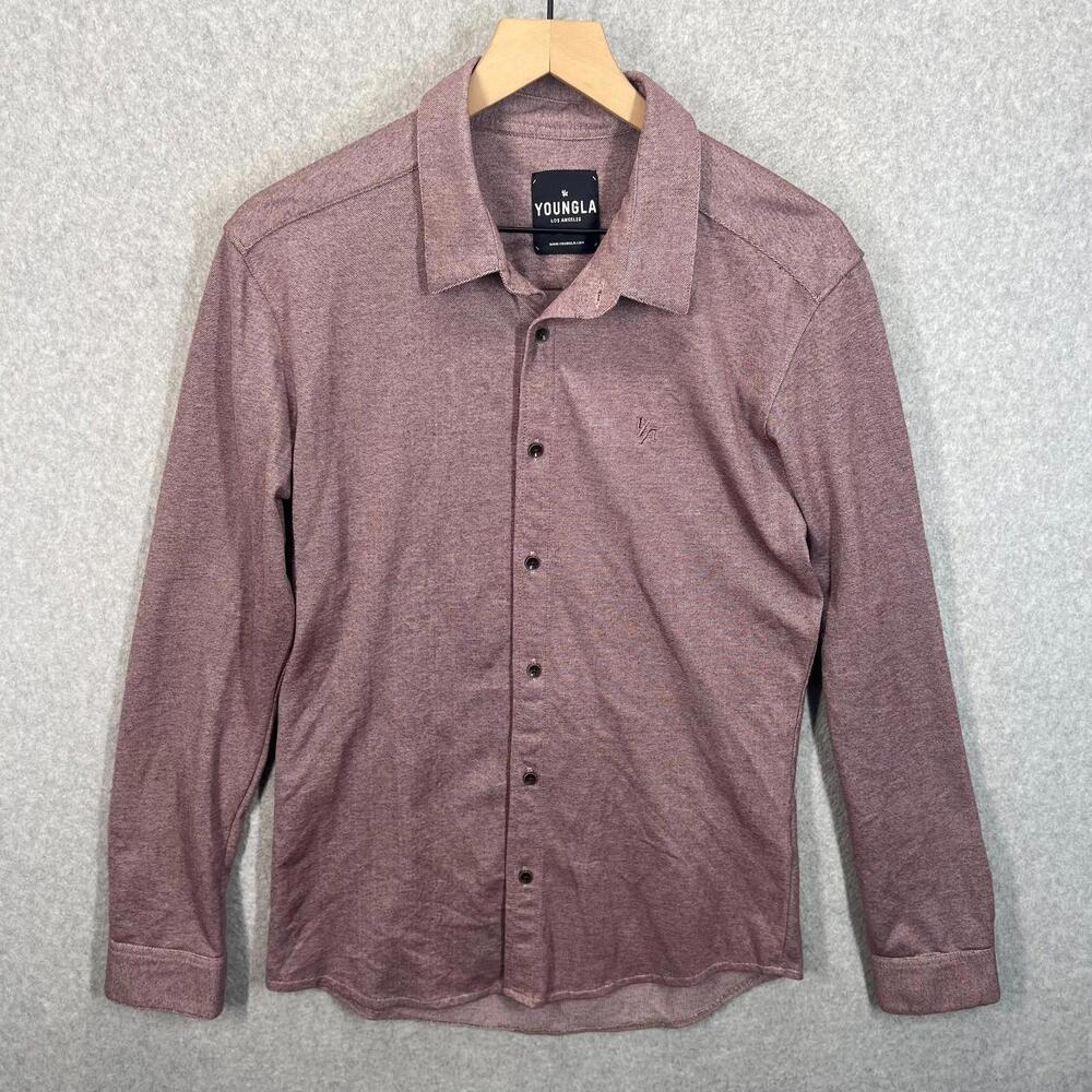 YoungLA Shirt Mens M Heather Burgundy Button‎ Up Long Sleeve Stretch Cotton